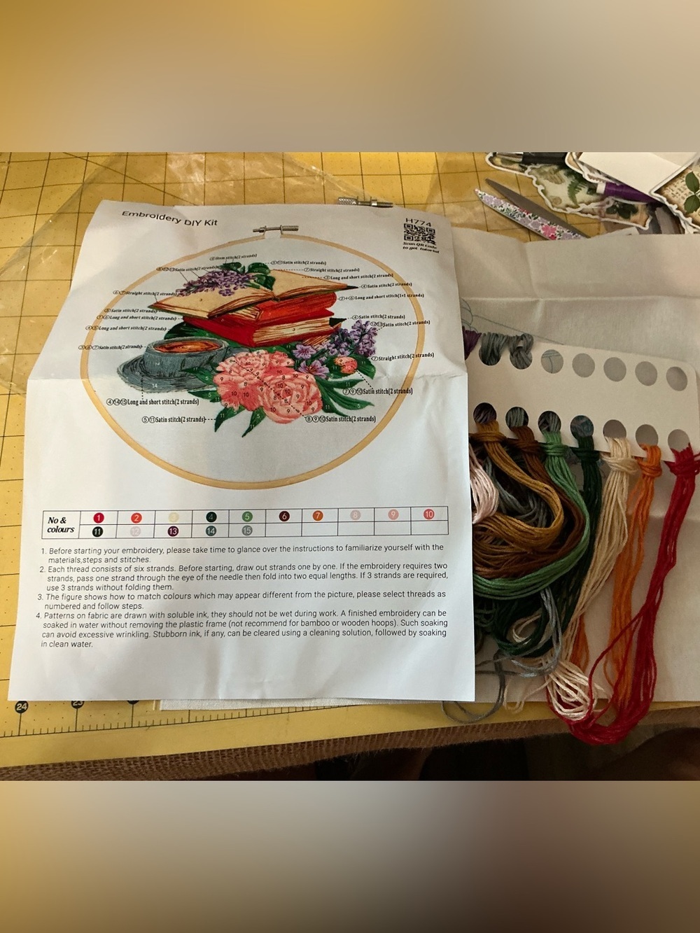 Embroidery DIY Kit with Floral & Book Design - Multicolor Floss